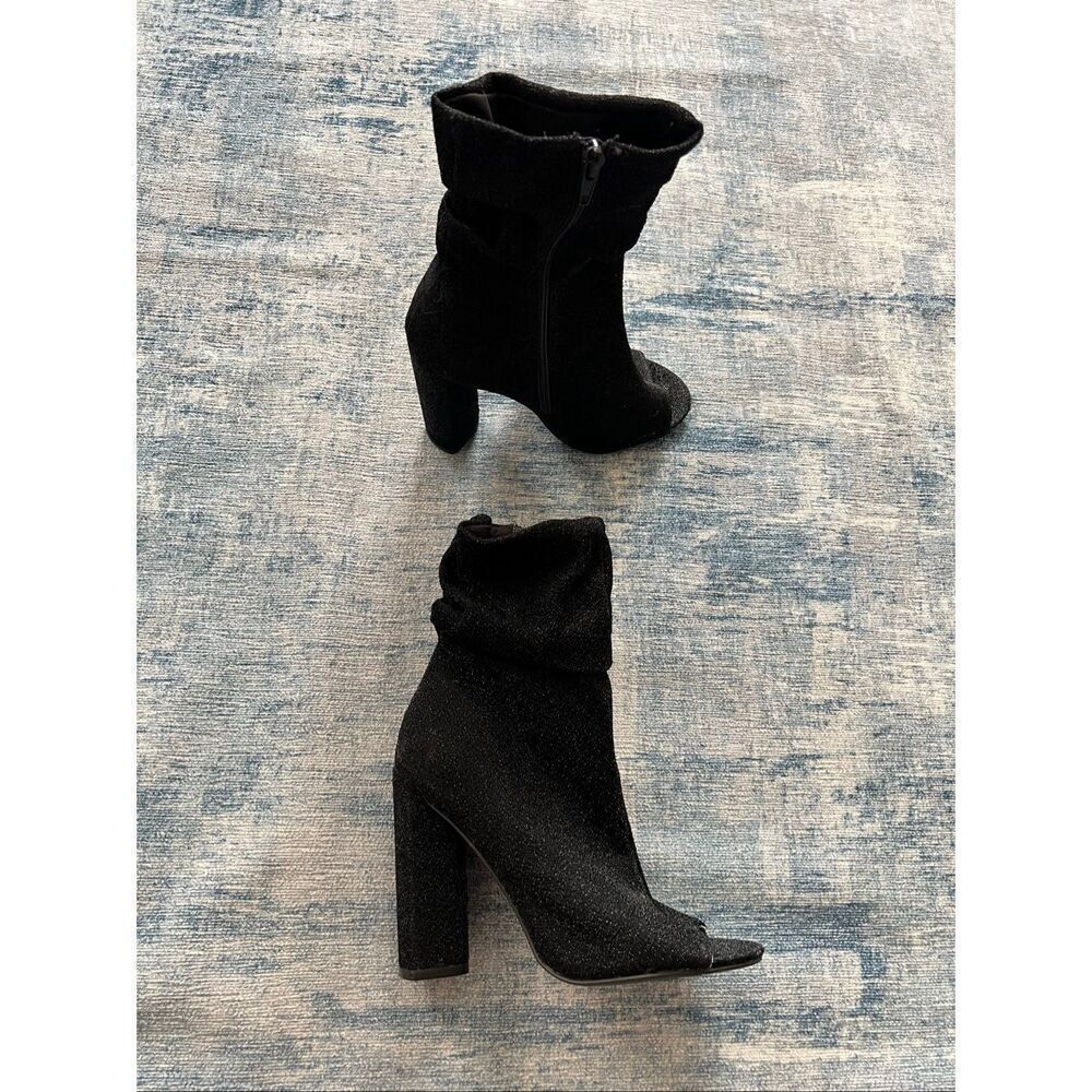 Qupid Black Sparkle Fabric Peep Toe Side Zip Block Heel Boots Size 6